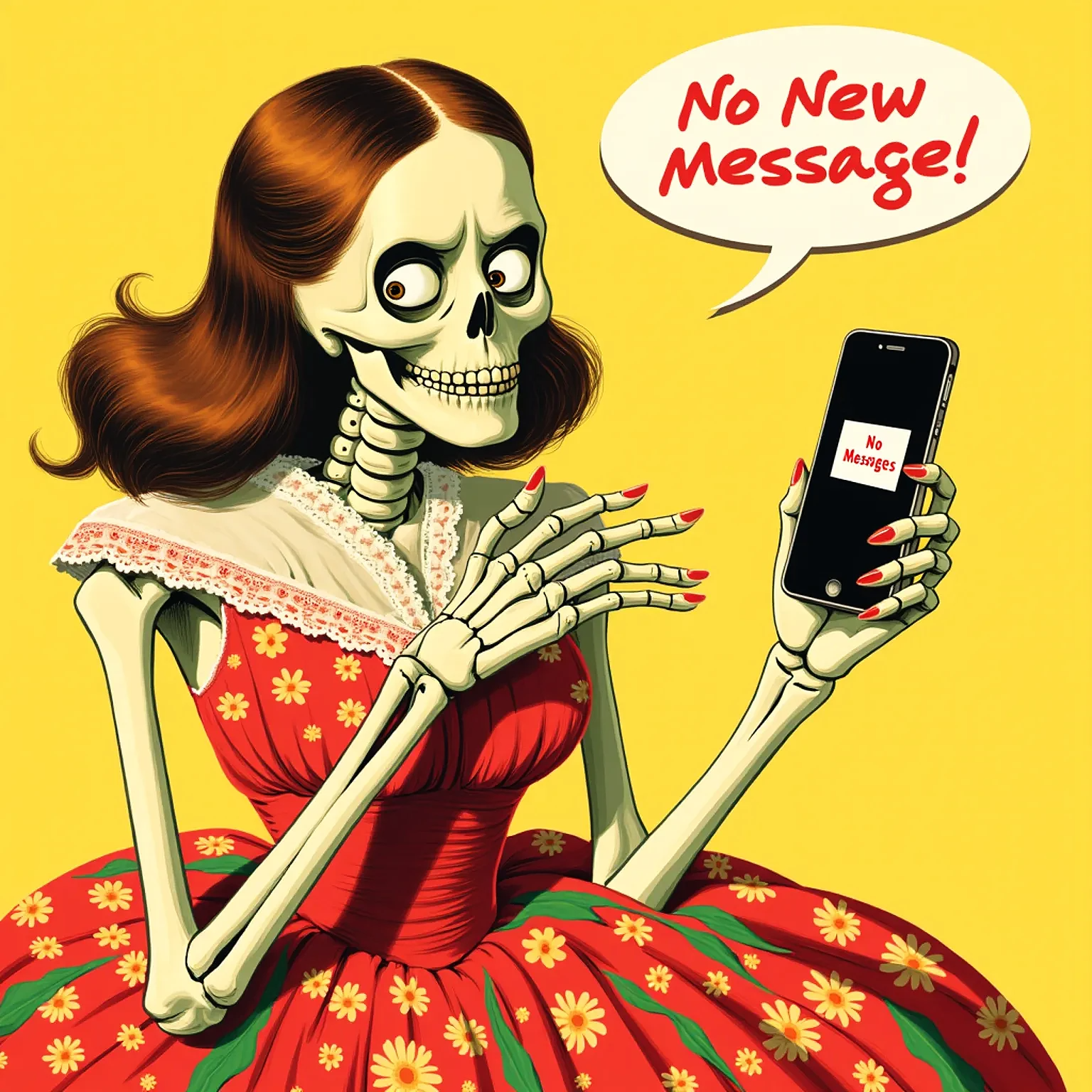 A skeleton in a red dress holding a phone that says "No New Messages," symbolizing waiting endlessly for someone who isn’t interested