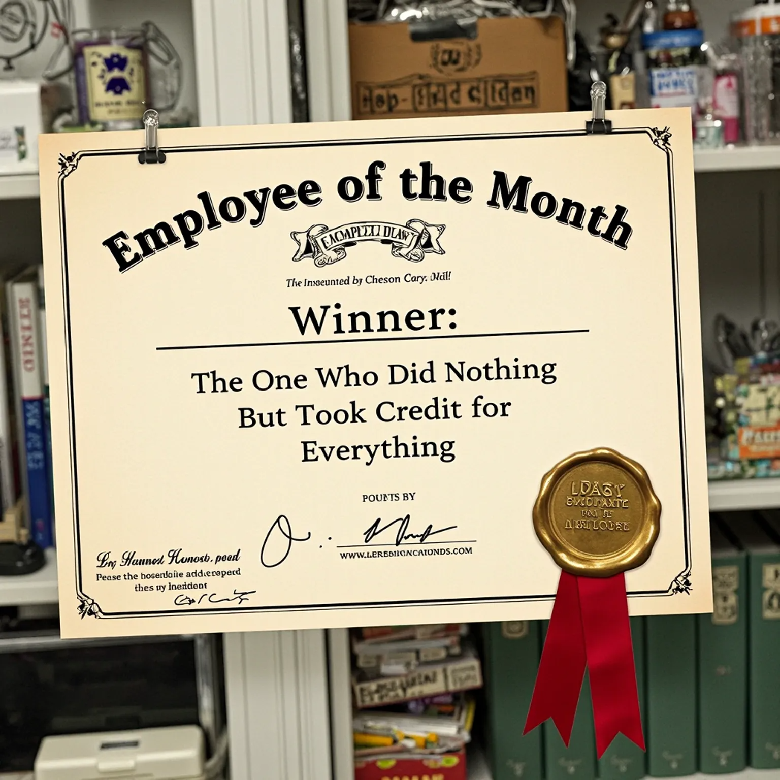 A framed certificate reading "Winner of Employee of the Month: The One Who Takes Credit for Everything but Does Nothing," symbolizing workplace frustration