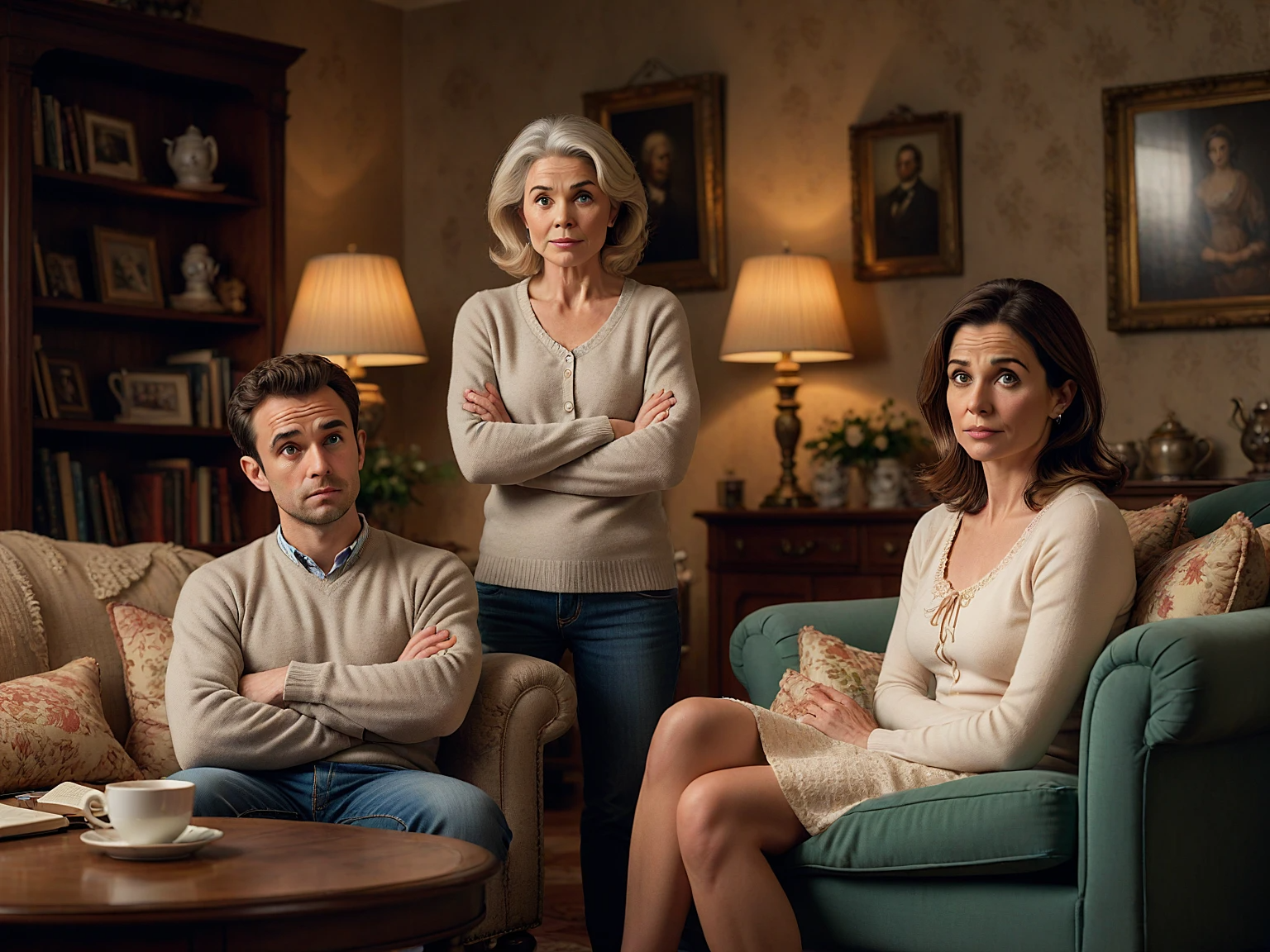 A married couple sits in their living room, looking helplessly frustrated, while the wife’s mother stands between them with arms crossed, wearing a disapproving expression