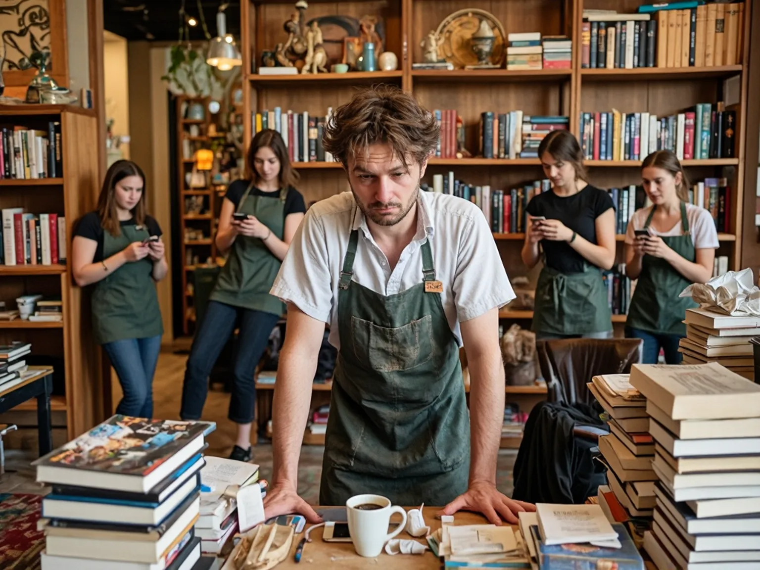 A frustrated, overworked employee standing at a counter while coworkers in the background ignore their duties, laughing and scrolling on their phones.