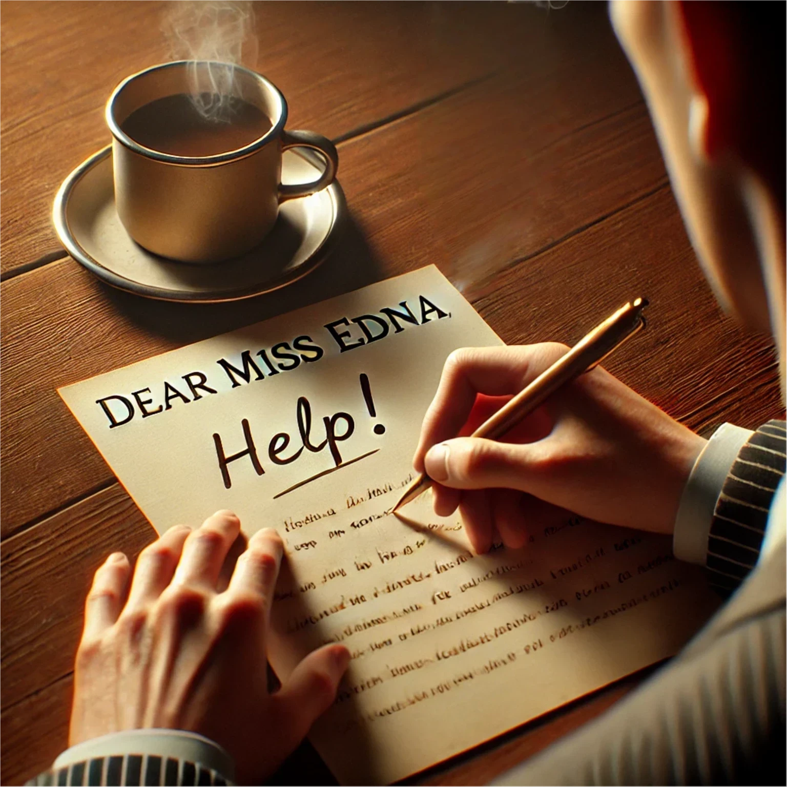 A close-up of a wooden desk with a coffee cup and a letter that reads “Dear Miss Edna, HELP!” representing the struggle of being a scapegoat.